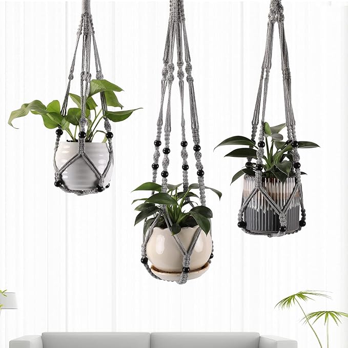 3-Pack Macrame Plant Hanger Indoor - Hanging Planter Basket for Indoor Outdoor - Decorative Boho Plant Holders Set with Beads - Ceiling Flower Pot Holder with 6 Hooks - 35"/30"/24" Gray