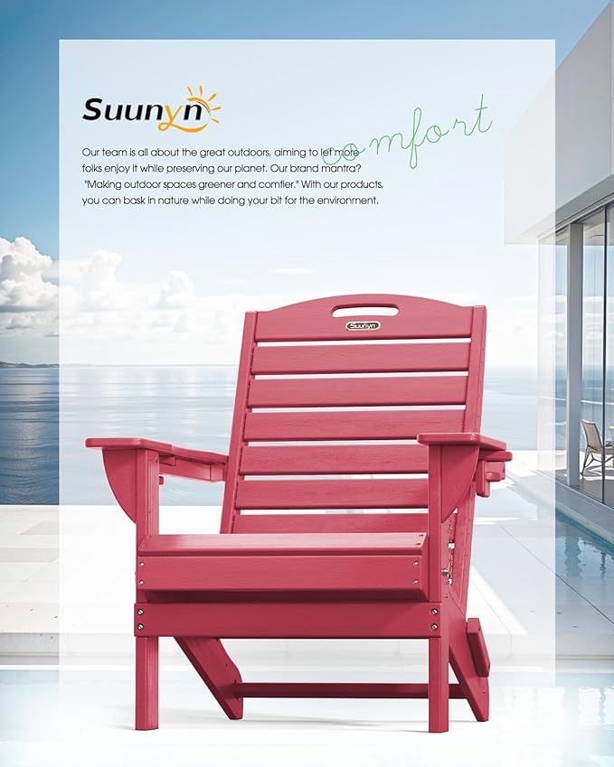 Folding Adirondack Chair HDPE All-Weather Adirondack Chairs with Cup Holder, Outdoor Fire Pit Chairs Lawn Chair for Deck Patio Garden (Red)