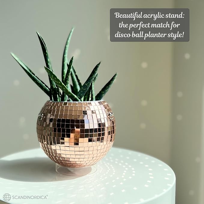 SCANDINORDICA Disco Ball Planter – Value Package: Mirror Disco Planter with Chain, Macrame Hanger and Acrylic Stand for Desk, Includes Self Watering Insert, Quirky Gifts | 6 inch Rose Gold