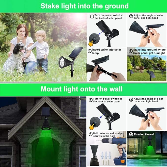 Clordeal Green Solar Spotlight, 2 in 1 Solar Powered LED Landscape Lights Outdoor, Waterproof 4 LED Solar Tree Uplight Garden Decorative Lighting (Green)