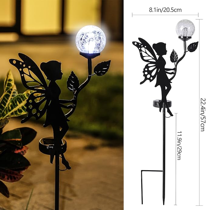 2 Pack Solar Fairy Garden Decor, Metal Fairy Statues with Crackle Glass Globe Solar Garden Lights Outdoor Silhouette Waterproof for Lawn Patio Yard Pathway Gardening Gifts