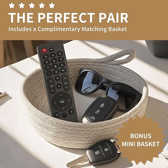 125L Extra Large Blanket Basket, 25" x 16", Jumbo Laundry Woven Baskets Decorative Home, Cotton Rope Basket with Handles, Baby Toy Baskets for Storage, White & Brown,2PC