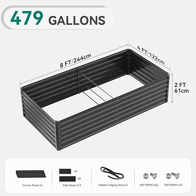 YITAHOME 8x4x2ft 2pcs Large Raised Garden Bed Kit, Galvanized Metal Planter Box with Gloves, Ground Nails & Safety Rubber, Outdoor Above Ground Planters for Plants Vegetables Flowers, Black