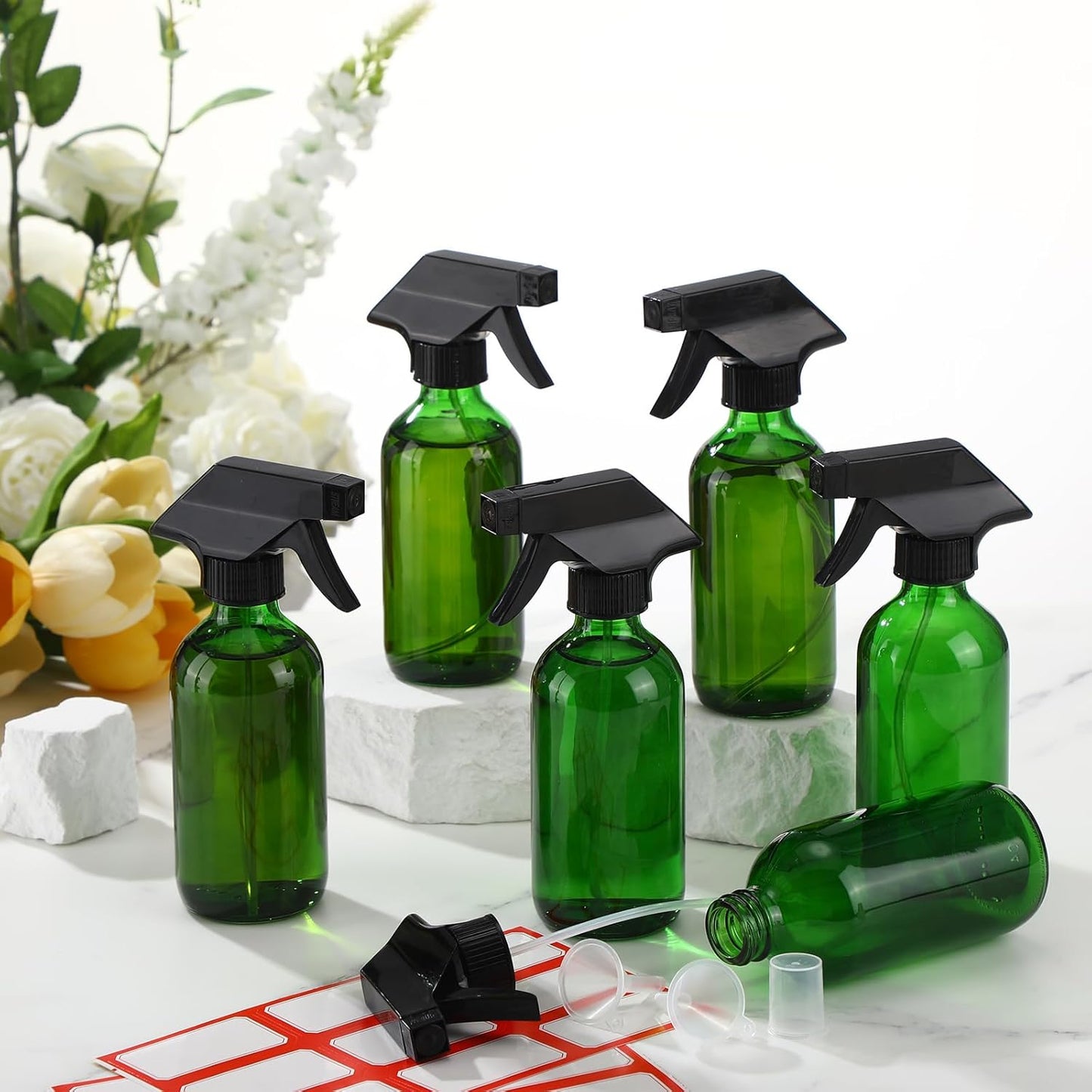 Norme 12 Pcs 8 oz Glass Spray Bottles with Funnels and Labels Refillable Cosmetic Empty Spray Bottles with Sprayer Containers for Essential Oil Cleaning Solutions(Green,Classic)