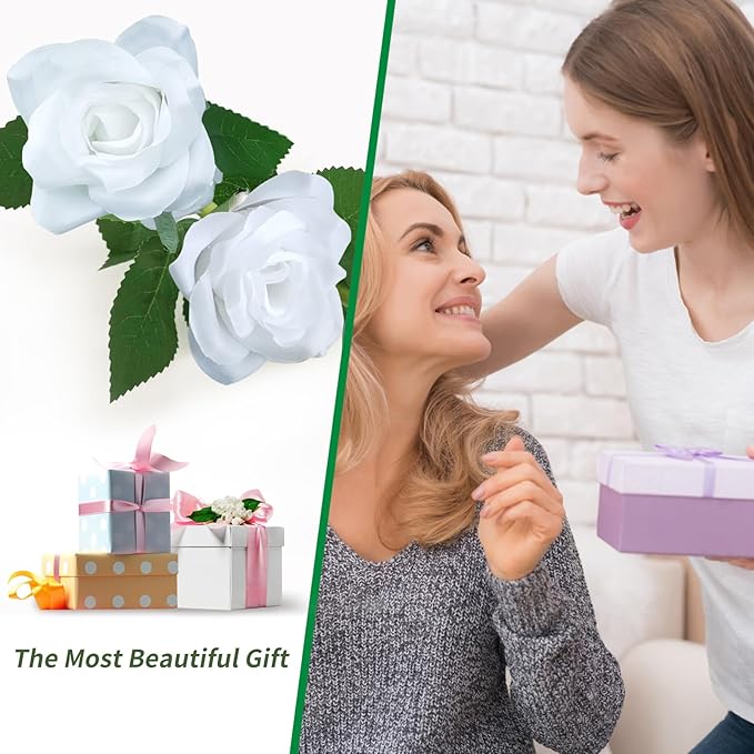 Solar Garden Lights, Solar Outdoor Lights with More Realistic 10 Rose Waterproof Solar Powered Flowers Lights for Outside Patio Yard Pathway Decorations, 2 Pack White