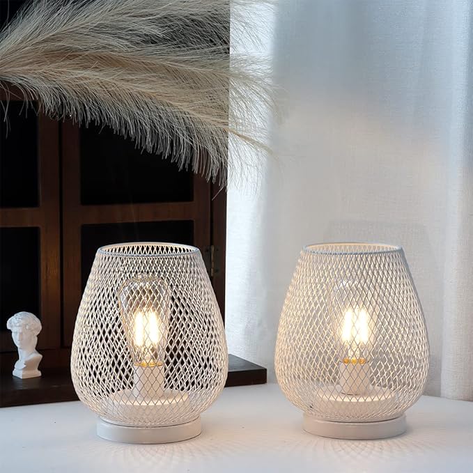 JHY DESIGN Set of 2 Metal Cage LED Lanterns Battery Powered Cordless Accent Light with LED Great for Weddings Parties Patio Events for Indoors Outdoors(White)