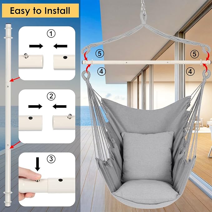 Y- STOP Hammock Chair Hanging Rope Swing Chair, Max 500 Lbs, 2 Seat Cushions Included, Removable Steel Spreader Bar with Anti-Slip Rings, Hardware kit-for Indoor or Outdoor(Light Grey)