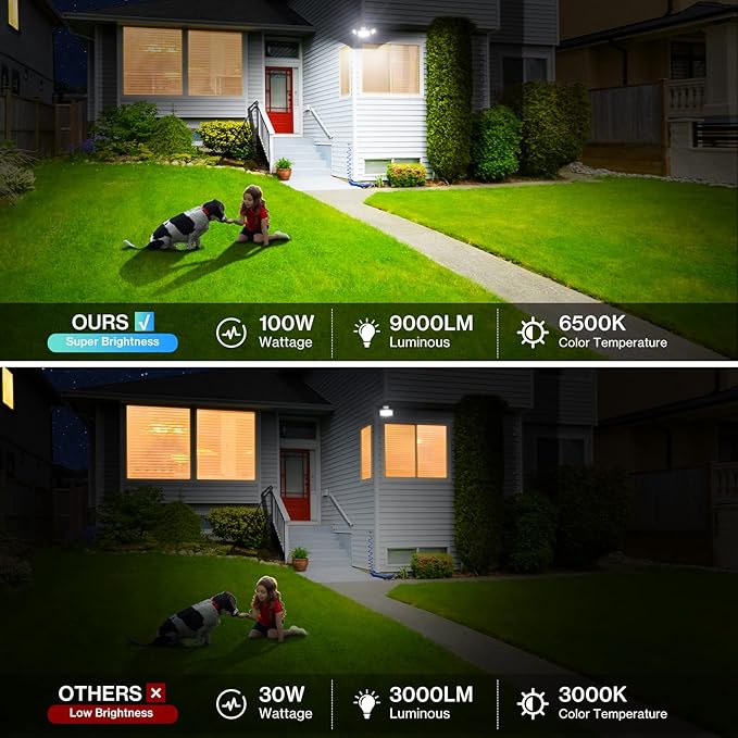 100W LED Flood Light Motion Sensor, 9000LM Motion Security Lights Outdoor, 3 Head Adjustable Floodlight, IP65 Waterproof Exterior Floodlights, 6500K Wall Light for Entryway, Yard, Garage