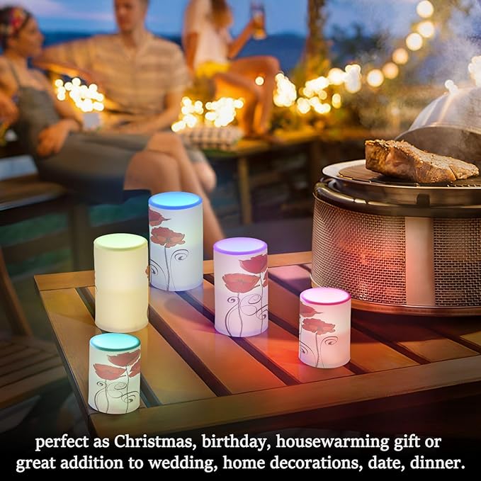 Flickering Flameless Candles, Red Poppy Flowers Retro LED Candles with Remote Timer, Set of 2 Battery Operated Candle for Valentine Wedding Birthday