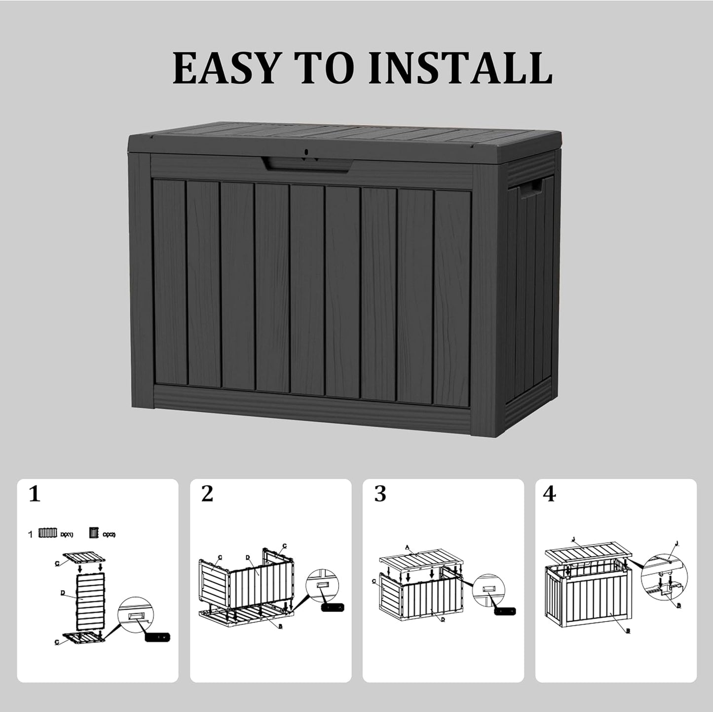 45 Gallon Waterproof Large Resin Deck Box Indoor/Outdoor Lockable Storage Container and Seating for Garden, Pool, and Patio (45 Gallon, Black)