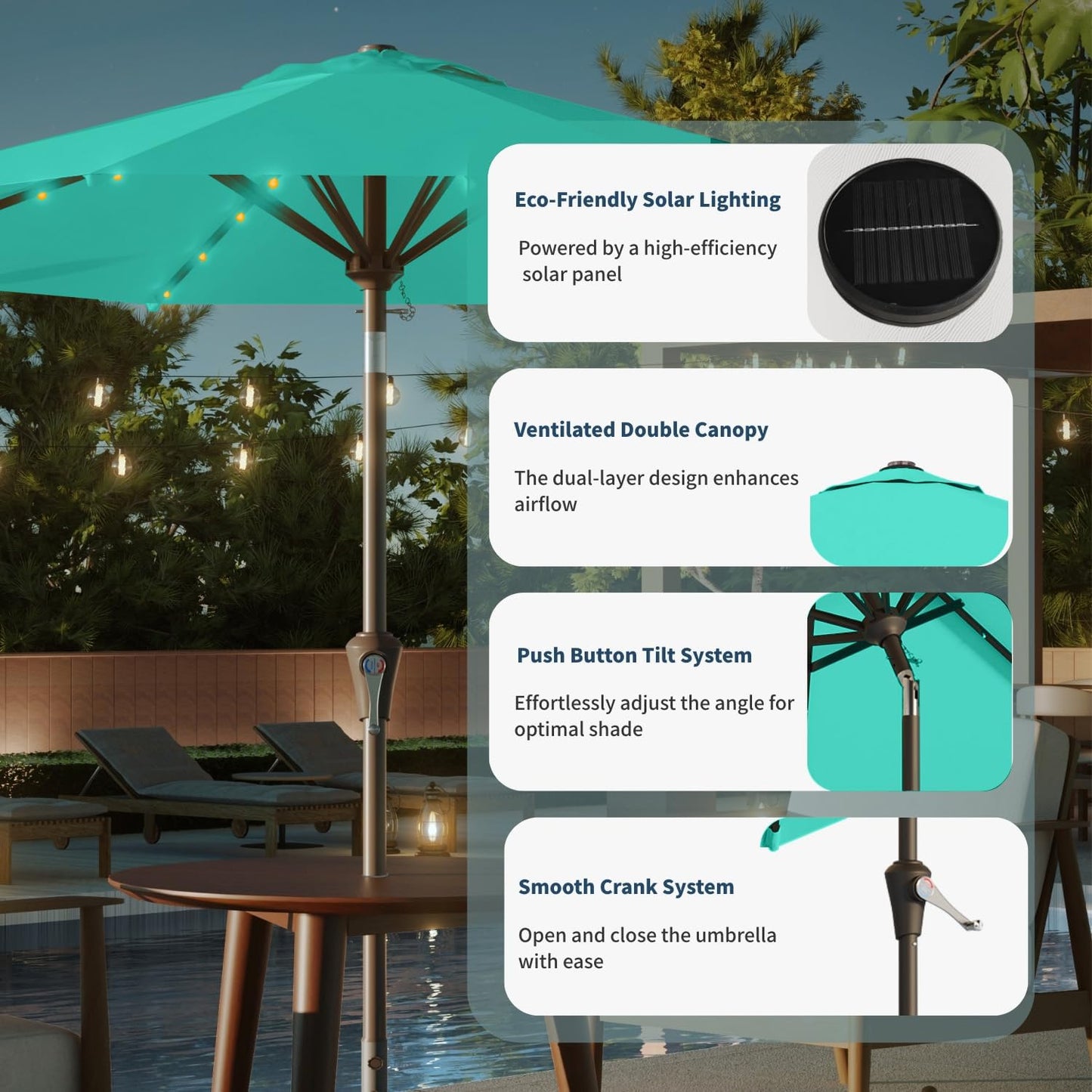 10FT Solar Umbrella 32 LED Lighted Patio Umbrella Table Market Umbrella w/Tilt and Crank, UV-Resistant Outdoor Umbrella for Pool, Garden, Deck, Turquoise Blue