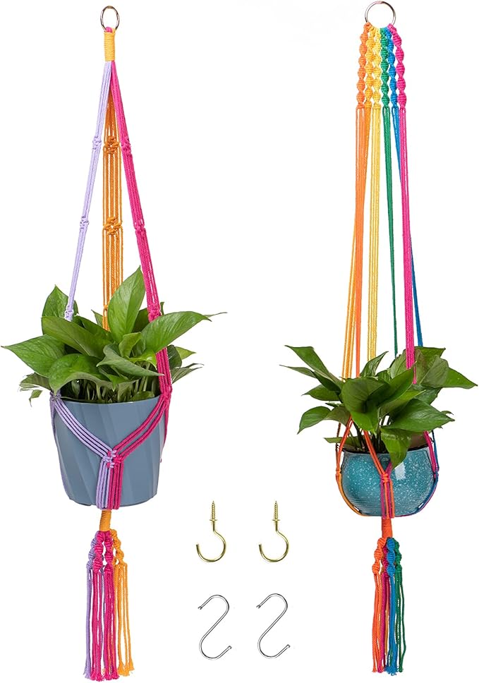 Rainbow Colorful Macrame Plant Hanger with 4 Hooks, Hanging Plant Holder Indoor Outdoor, Handmade Cotton Rope for Boho Room Decor Hanging Ceiling Decor,2 Pack