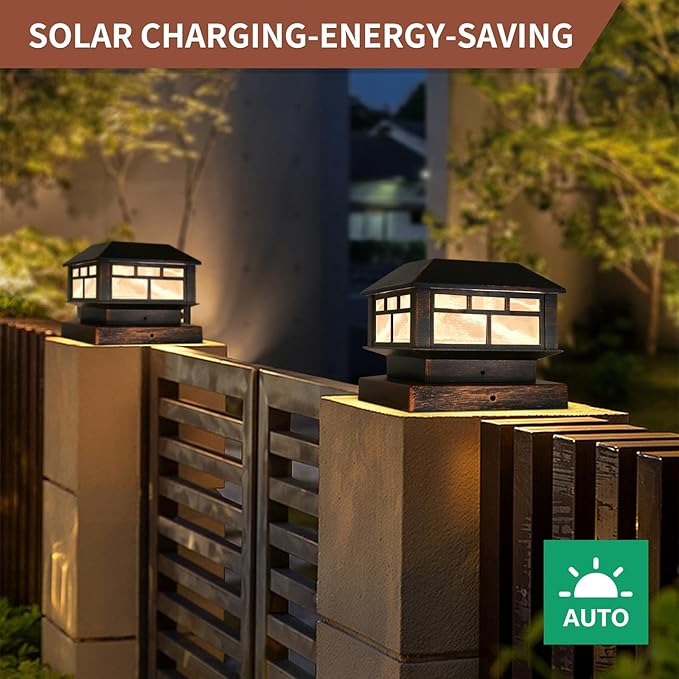 Solar Post Lights Outdoor, 20LM Fence Post Cap Lights, Waterproof, 2 Light Modes, Fit 3.5x3.5in 4x4in 5x5in Wooden Post, Solar Power Deck Lights for Garden Deck Patio Decoration(Bronze 2Pack)