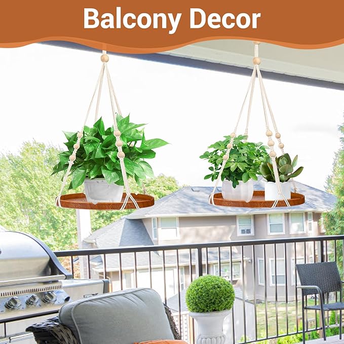 SUREAM 2 Packs Hanging Planters Holder, Hanging Plant shelf with Wood Beads and Wood Tray for Indoor Outdoor Boho Home Decor, Ceiling Plant Hangers for Garden, Wall, Porch, Patio, Balcony, and Window