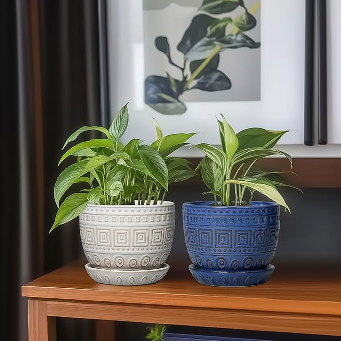 G EPGardening Ceramic Pots for Plants - 5 Inch Plant Pot Indoor with Drainage Hole and Saucer, Outdoor Flower Pot, Decorative Round Planter for Succulent Orchid Snake Plants, White