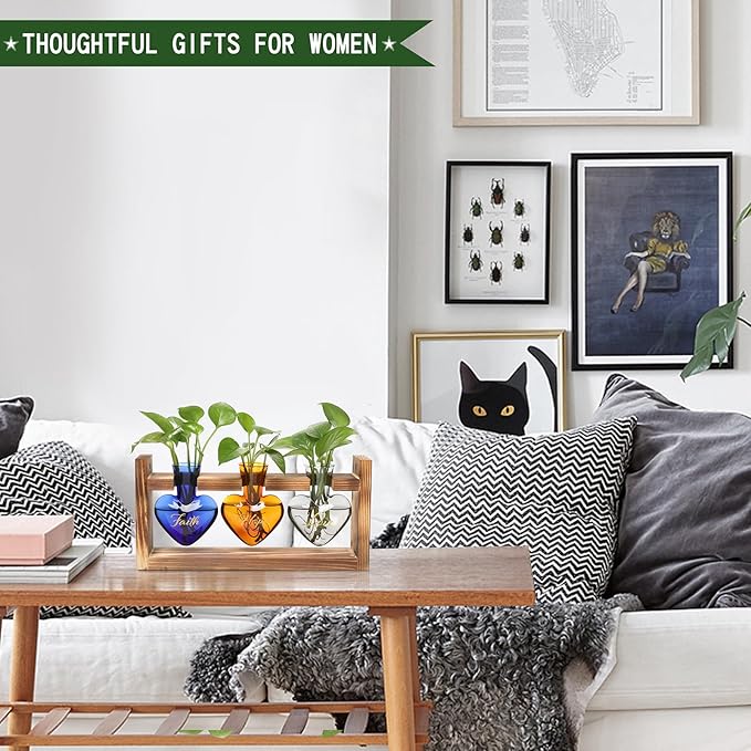 Plant Terrarium Propagation Stations Faith Hope Love Hydroponics Home Garden Decoration Gift for Women with Wooden Stand Heart Shaped Colored Glass Vase