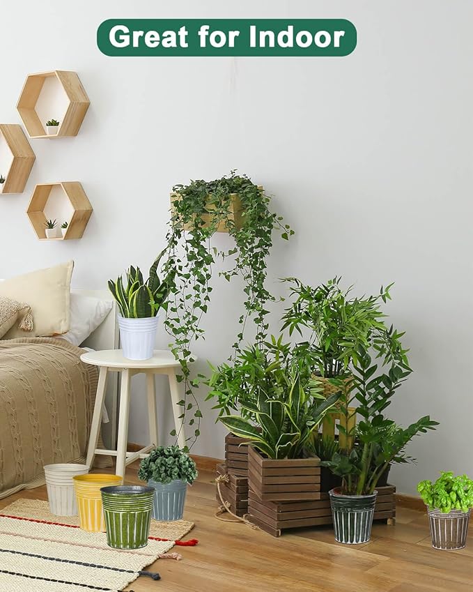 vensovo 6 Inch Grey Green Metal Rustic Flower Pots - 6Pcs Medium Galvanized Planters with Drainage Hole and Rubber Plug, Rustproof Metal Bucket Plant Pots Farmhouse Vintage Style for Decor