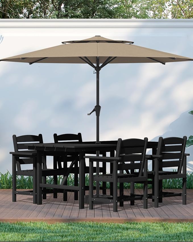 Patio Dining Set for 4 with Umbrella Hole - 66" Outdoor Table & 4 Chairs, All-Weather HDPE Outdoor Furniture for Lawn, Garden, Backyard, Poolside, Black
