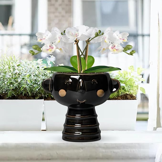 Face Planter - 7 Inch Ceramic Head Planters for Indoor Plants Outdoor, Cute Succulent Pots with Drainage Hole, Decorative Plant Pot, Home Office Room Decor, Black