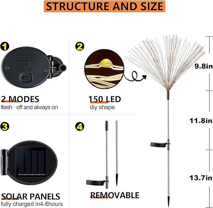 2 Pack Solar Firework Lights 150 LED Create Magical Nights, Waterproof Starburst Fairy Lights for Garden Yard Patio Christmas Romantic Wedding Party Decor(Color)