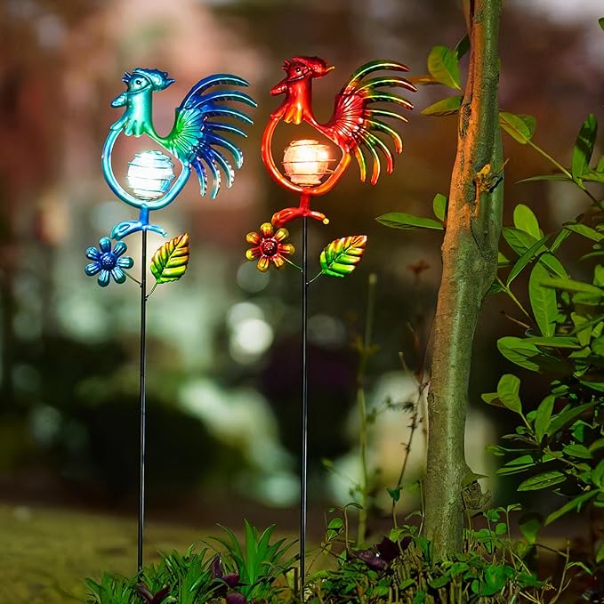 Rooster Solar Garden Lights, 2 Pack Metal Solar Stake Light, 27" H Outdoor Chicken Statues Figurine Lights for Spring Garden Lawn Patio Yard Decoration