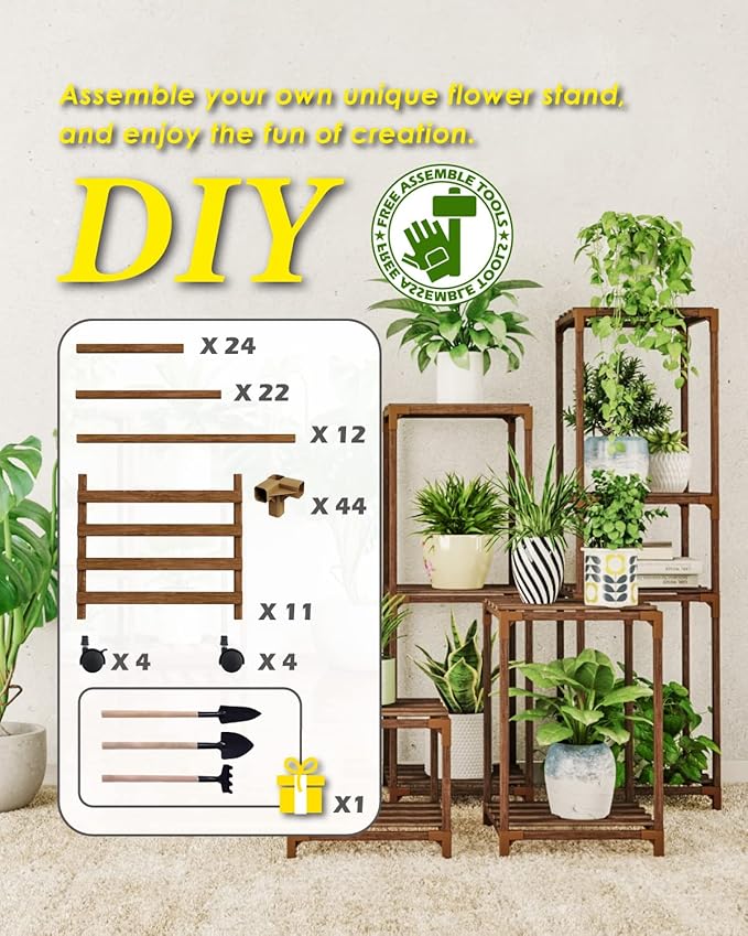 Bamworld Plant Stand With Wheels Indoor Outdoor Wood Plants Shelf for Multiple Plants 11 Pots,Tall Large Flower Holder for Living Room, Patio, Balcony, Garden