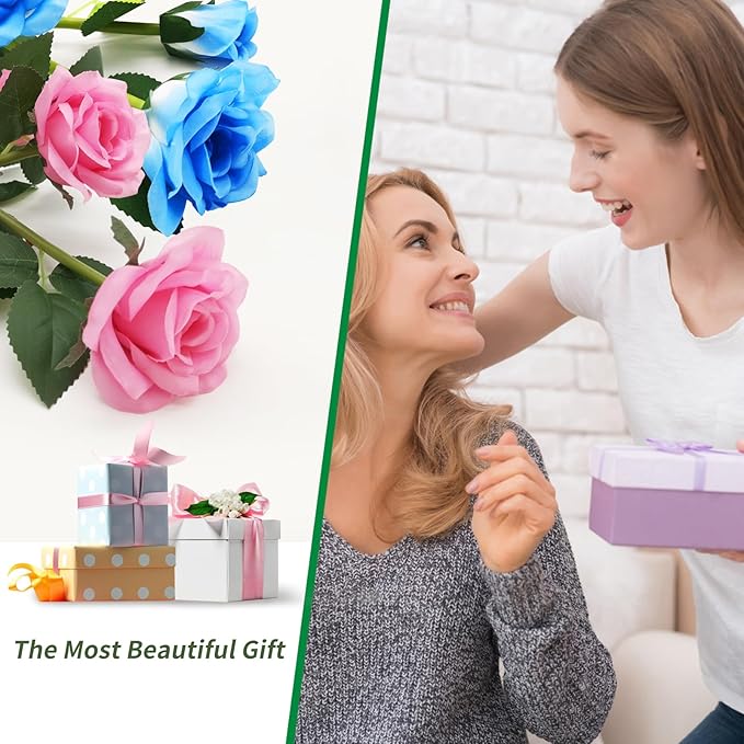 Solar Garden Lights, Solar Outdoor Lights with More Realistic 20 Rose Waterproof Solar Powered Flowers Lights for Outside Patio Yard Pathway Decorations, Blue and Pink