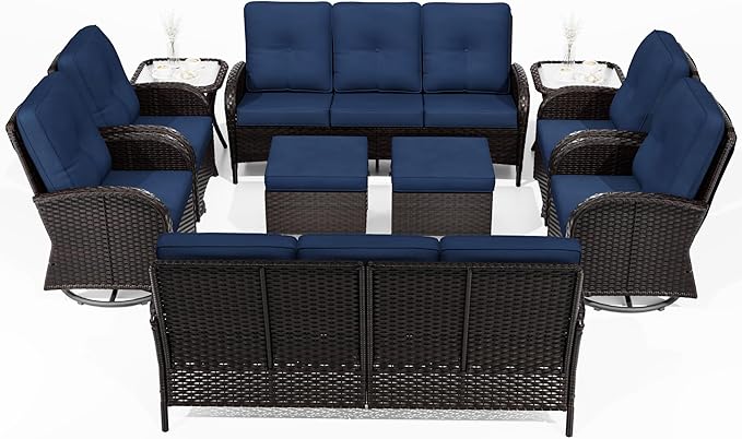 Joyside 10 Piece Patio Furniture Set, Outdoor Wicker Conversation Sets with Swivel Rocker Chairs and Sofa, Thick Cushion, Rattan Patio Sectional for Porch, Deck Use (Brown/Blue, 10 PCS)