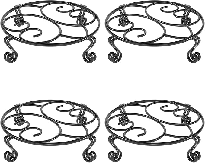 Yimobra Metal Plant Stand for Flower Pot 4 Pack Heavy Duty Potted Holder Indoor Outdoor Rustproof Iron Garden Container Round Supports Rack for Planter (4PC Black 10.24 x 2.36 IN)