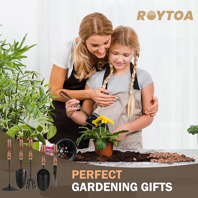 Garden Tool Set,5Pcs Gardening Tools,Stainless Steel Heavy Duty Hand Cultivator, Hoes,Shovel, Trowel and Weeder with Ergonomics Walnut Handle,Gardening Gifts for Women