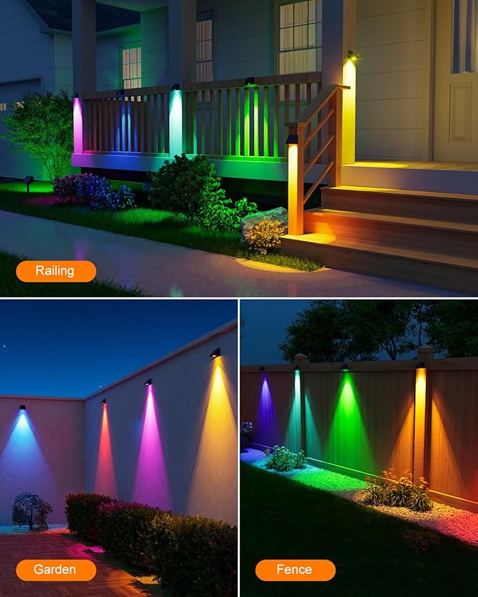 8 Pack Color Changing Solar Powered Fence Lights Outdoor Decorative LED Waterproof Yard Lighting for Outside Wall, Deck, House Patio, Rail, Stair, Backyard, 8 Colorful Modes, Easy 1-Min Installation
