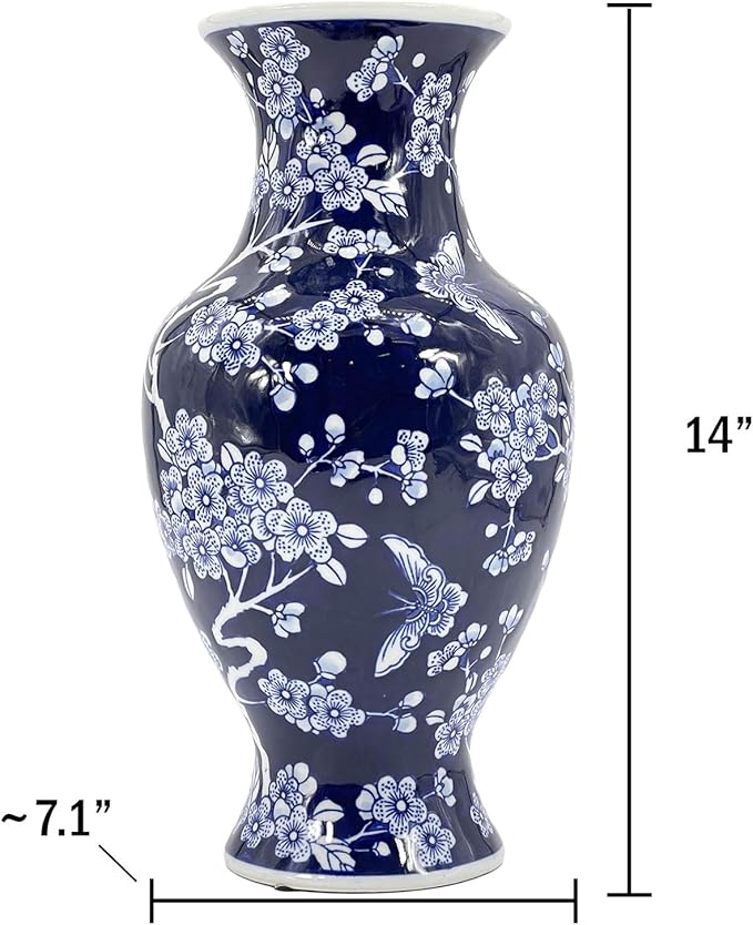 Galt International Dark Blue Floral Chinoiserie Ceramic Vase 14"- Hand Painted Antique Style Porcelain Butterfly & Flower Bottle Fishtail Porcelain Chinese Vase for Home Decor Centerpiece