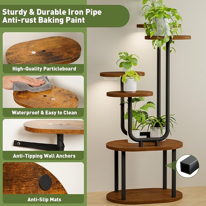 Plant Stand Indoor with Grow Lights, 6 Tier 38.6″ Tall Metal Plant Shelf for Multiple Plants, Plants Shelves Corner Flower Holder, Double U-Shape Plant Rack for Home, Living Room, Patio, Bedroom