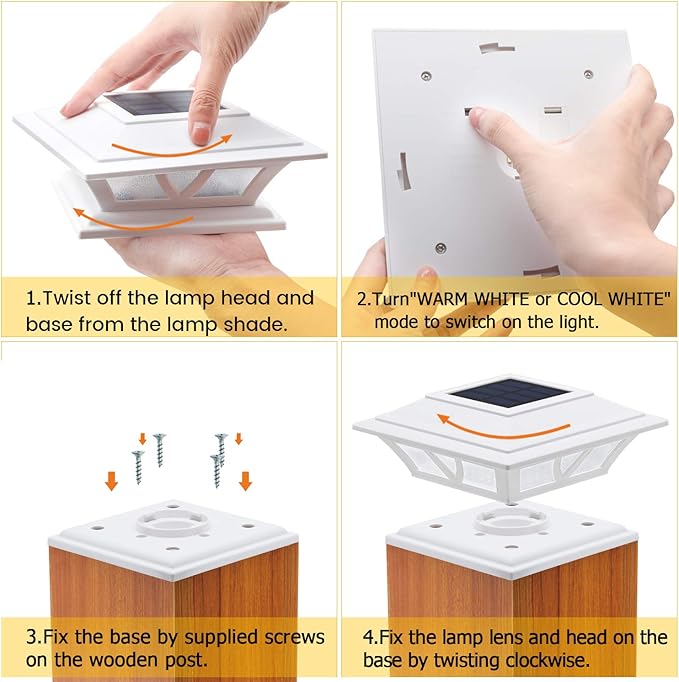 SIEDiNLAR Solar Post Lights Outdoor 2 Modes LED Fence Deck Cap Light for 4x4 5x5 6x6 Posts Garden Patio Decoration Warm White/Cool White Lighting White (4 Pack)