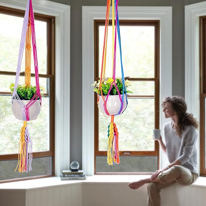 Rainbow Colorful Macrame Plant Hanger with 4 Hooks, Hanging Plant Holder Indoor Outdoor, Handmade Cotton Rope for Boho Room Decor Hanging Ceiling Decor,2 Pack