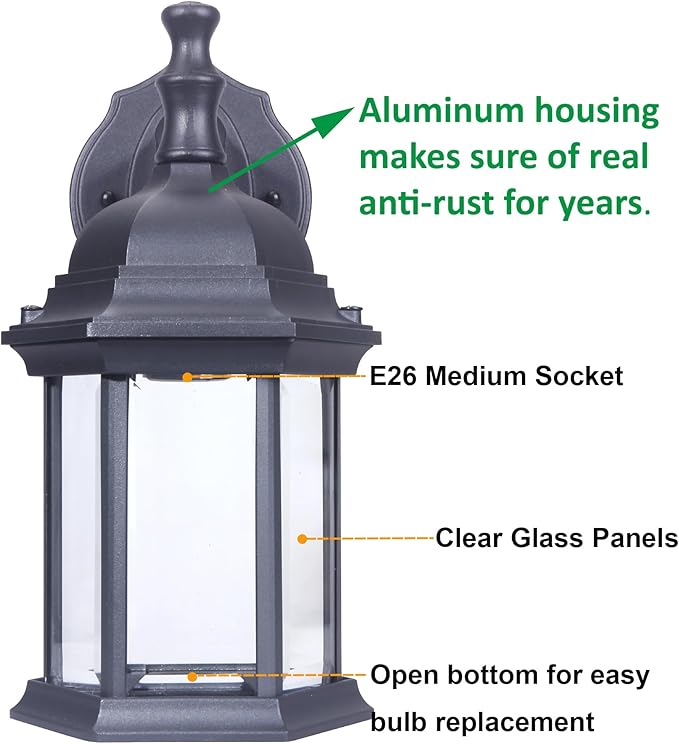 LIT-PaTH Outdoor Wall Lantern, Wall Sconce as Porch Lighting Fixture, E26 Medium Base Max 60W, Aluminum Housing Plus Glass, Matte Black Finish, 1-Pack