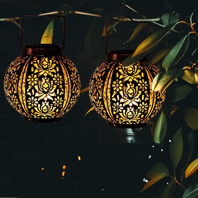Solar Lanterns Outdoor Waterproof 2 Pack, Hanging Solar Lights for Outside Garden Decor, Decorative Moroccan Lanterns Garden Gifts for Women Mom, Yard, Patio, Porch Decorations