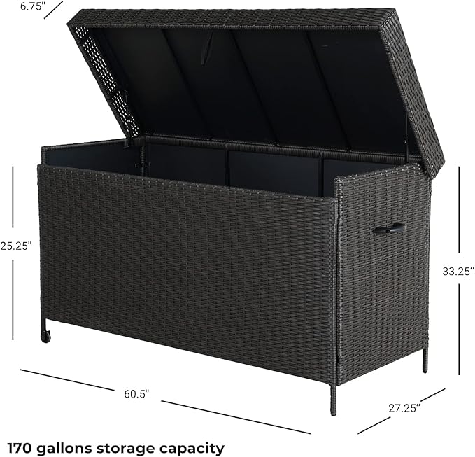 Grand patio 170 Gallon Storage Box, Dark Brown PE Wicker, Minimalist Style, Water Resistant, Flip Top, Smooth Wheels, for Patio Furniture Cushions, Garden Tools, Pool Accessories
