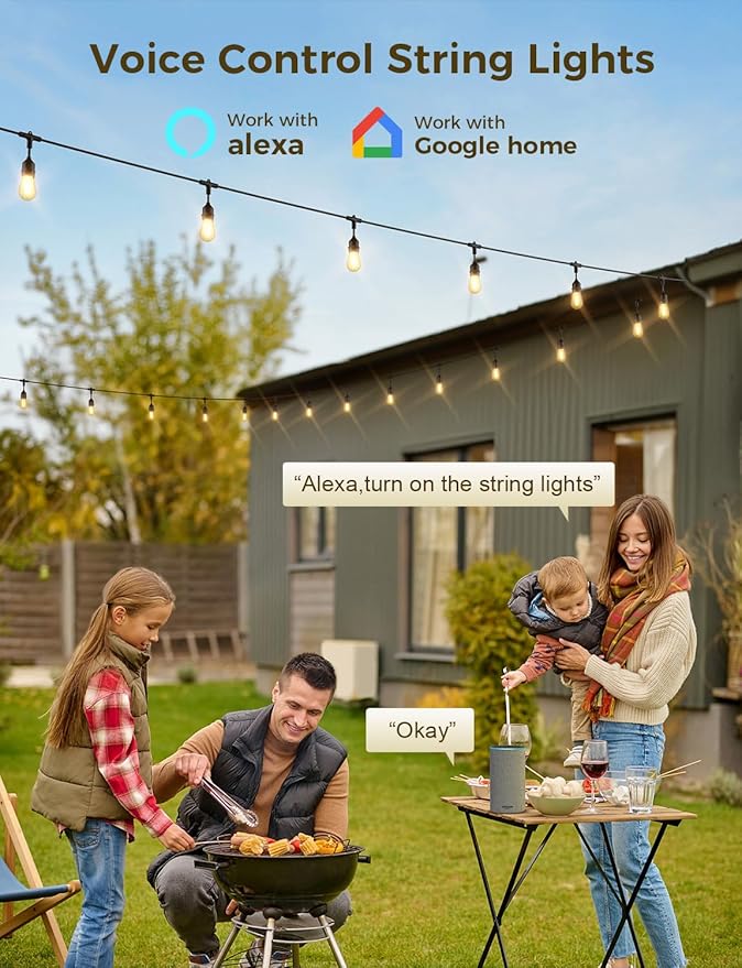 XMCOSY+ Smart Outdoor String Lights, 123Ft LED Patio Lights Waterproof IP65, App Control, Compatible with Alexa, Dimmable Edison Bulbs Outdoor Light for Yard Porch Bistro Outside