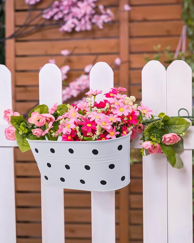 vensovo Metal Railing Planter for Outdoor Plants - 3 Pack Balcony Hanging Flower Pots with Detachable Hooks and Drain Holes Oval Bucket Rail Box Fence Planters for Home Garden Decor, White with Spot