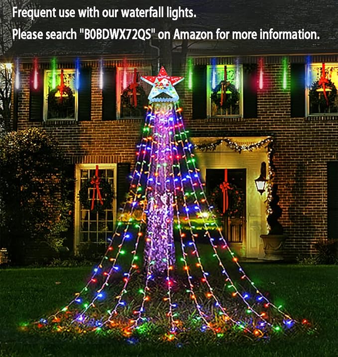 Christmas Lights Outdoor, Meteor Shower Falling Rain Lights 12 inch 8 Tube Snow Falling Icicle Cascading Light for Xmas Tree Decoration Wedding Party, UL Plug, Multi Colored