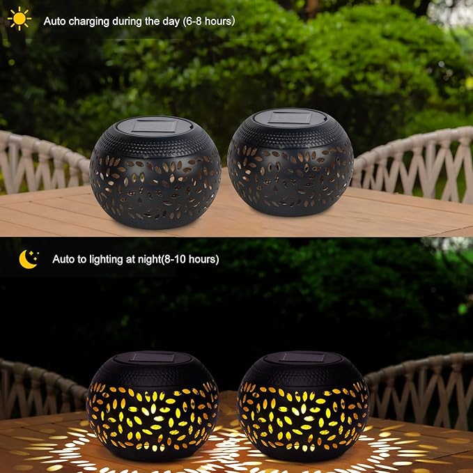 Solar Lantern Outdoor Table Light, 2 Pack Waterproof Decor, Hollow Out Retro Black Metal Patio Lights, Yard Porch Garden Balcony Indoor Desk Bedroom Tabletop Decorations