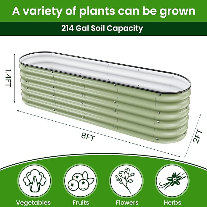 8 X 2 X 1.4 Ft Galvanized Raised Garden Bed,Sturdy and Easy to Assemble Oval Raised Planter Beds Outdoor for Vegetables, Gardening, Flowers, Fruits(Light Green)