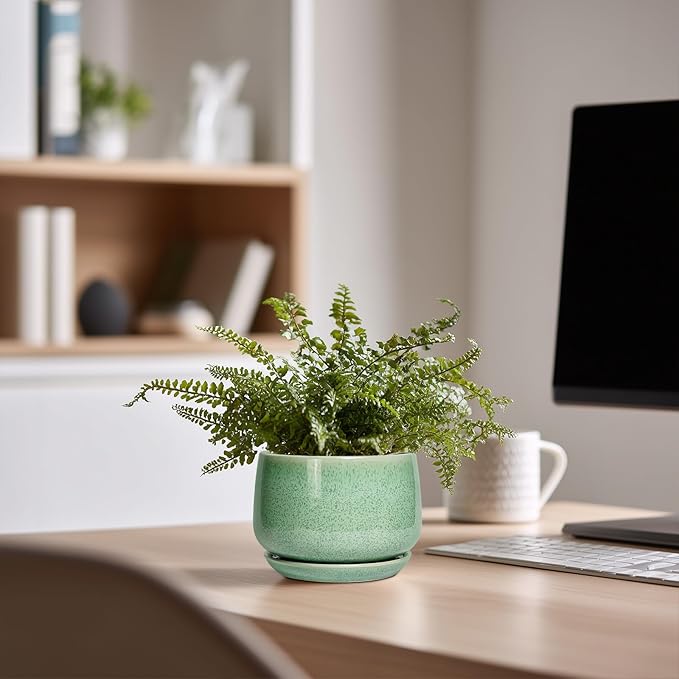 G EPGardening Ceramic Plant Pot - 4 inch Plant Pots with Drainage Hole & Saucer, Small Pots for Plant Indoor Outdoor, Modern Round Planter, Decorative Flower Pot, Room Decor, House Warming Gift, Green