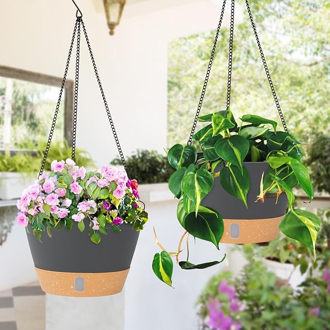 QCQHDU 2 Pack 10 inch Hanging Planters for Indoor Plants, Outdoor Hanging Baskets, Self Watering Pots with Drainage Holes & Removable Tray (Dark Grey, 10 inch)
