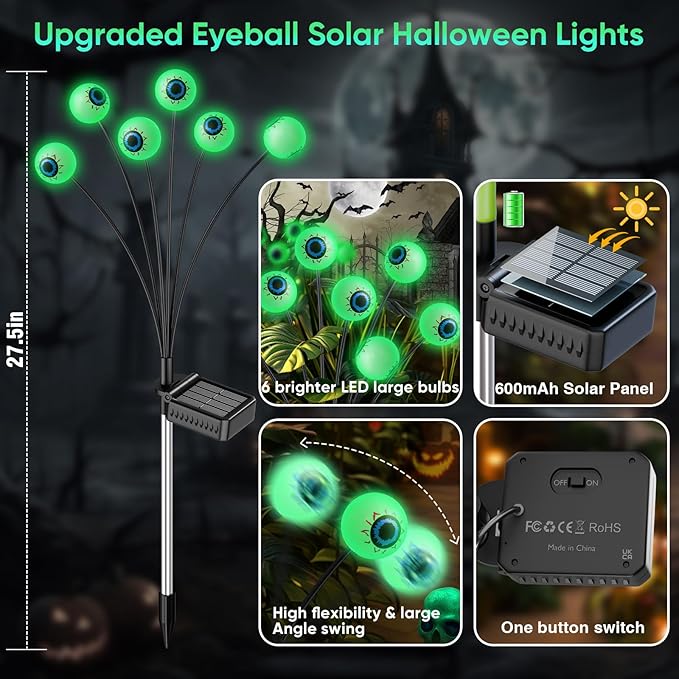 Halloween Solar Lights Outdoor: 4 Pack Upgraded 24 LED Scary Eyeball Lights for Garden Yard Lawn Pathway Landscape Decor, Green Outside Decorations