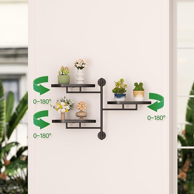 WIndow Sill Rotating Plant Stand Shelf Indoor Black Metal Floating Shelves 3-Tier Wall Mount Plant Holders for Living Room Wall Planter Modern Home Decor for Gardening