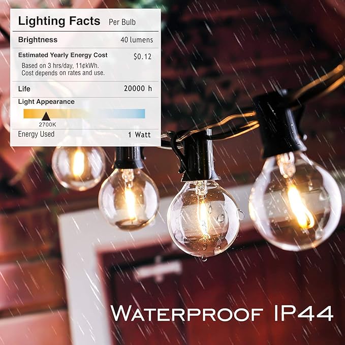 DAMAING Outdoor String Lights LED 50Feet G40 Globe String Lights with 27 Edison Plastic LED Bulbs,2700K Warm Glow Weatherproof for Indoor Outdoor Backyard Bistro Lights