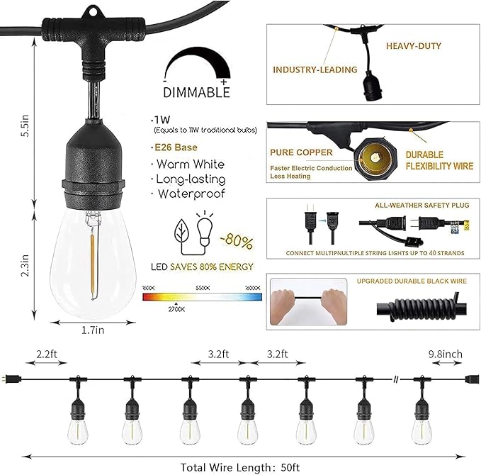 Svater Outdoor String Lights 150FT, E26 Socket, 48pcs S14 Shatterpoof Bulbs, 1 Watt Dimmable 2700K Warm White, IP65 Waterproof Commercial Grade Patio Lights(3 Pack X 50FT)