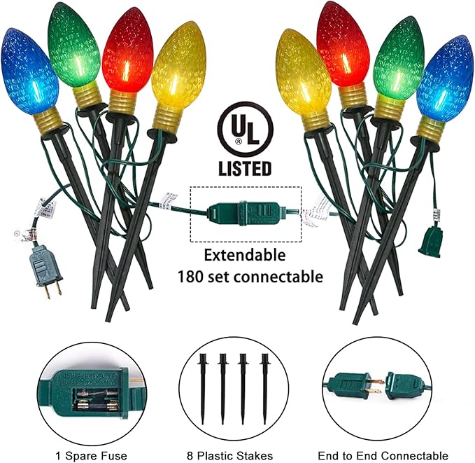 Jumbo C9 Christmas Pathway Lights Outdoor, 2 Pack 7FT Christmas Yard Decorations with 8 Jumbo C9 LED Strawberry Multicolor Bulbs Christmas Walkway Lights for Outside Holiday Lawn Garden Driveway Decor